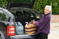 Old woman downloading the car purchase Royalty Free Stock Photo