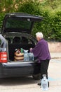 Old woman downloading the car purchase Royalty Free Stock Photo