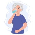 Old Woman drinking a fresh glass of water. Healthy and Sustainable Lifestyle Concept