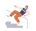 Old woman falls down stairs. Senior lady stumbling, slipping and falling at staircase, steps. Danger, accident at