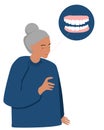 Old woman with false jaw. Dental clinic advertising. Orthodontics and oral surgery. Crown and veneers for beautiful smile.