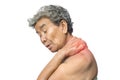 Old woman felt a lot of anxiety about shoulder and neck pain on white