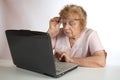 The old woman in glasses looks at the notebook Royalty Free Stock Photo