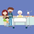 Old woman or grandmother lying in hospital bed and having intravenous infusion of artificial nutrition, family with children and Royalty Free Stock Photo