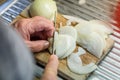 Old woman granny cutting onion in kitchen with knife and wooden board next to sink and red plastic bowl, Germany Royalty Free Stock Photo