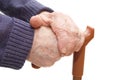 Old woman hand leans on walking stick Royalty Free Stock Photo