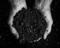 Old woman hands holding fresh soil. Symbol of spring Royalty Free Stock Photo