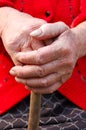 Old woman hands leans on walking stick Royalty Free Stock Photo