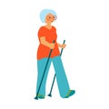 Old woman Hiking against the background of the mountain Nordic Walking pensioner Flat vector illustration