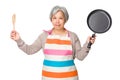 Old woman hold up with wooden ladle and fried pan Royalty Free Stock Photo