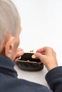 Old woman holding empty wallet Royalty Free Stock Photo