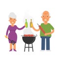 Old woman holding kitchen spatula and beer. Old man holding barbecue and beer. Vector characters