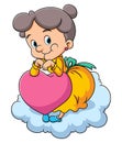 The old woman is holding the love doll and sitting on the cloud Royalty Free Stock Photo