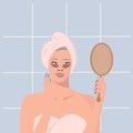 Old woman holding a mirror and looking at herself in reflection. Everyday beauty routine. Self care concept. Royalty Free Stock Photo