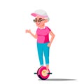 Old Woman On Hoverboard Vector. Riding On Gyro Scooter. One-Wheel Electric Self-Balancing Scooter. Positive Person