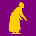 Old woman, hunched, yellow silhouette on purple background