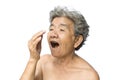 Old woman itching her face on white background