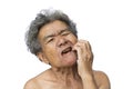 Old woman itching her face on white background