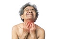 Old woman itching and painful in neck on white background