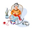 Old woman knitting flat vector illustration. Aged lady, grandmother cartoon character. Granny sitting in armchair with