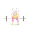 Female weightlifter vector illustration. Old woman lifting weights, doing sit ups with barbell cartoon character Royalty Free Stock Photo