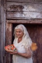 An old woman with long gray hair in the countryside near an old wooden house with a plate of poisonous mushrooms in the hands