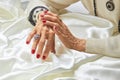 Old woman luxury hands with manicure. Royalty Free Stock Photo