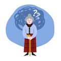 Old woman with mental disorder, alzheimer. Senile dementia. Metaphor of loss of short-term memory. Thinking cloud with