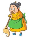 The old woman is mopping with the wet cloth