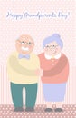 Old woman and old man couple embrace affectionately. Feeling happy of granddaddy and grandmother retirement Age. Vector illustrati Royalty Free Stock Photo