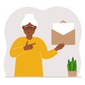 A old woman with an open envelope with a letter. Empty sheet of paper for text template. Mail concept. Sending a message