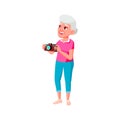 old woman photographing high tree in forest cartoon vector