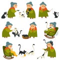 Old woman playing with cat pet, elderly lady set Royalty Free Stock Photo