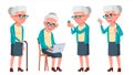 Old Woman Poses Set Vector. Elderly People. Senior Person. Aged. Caucasian Retiree. Smile. Web, Poster, Booklet Design