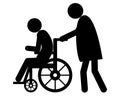 Old woman pushes wheel chair user