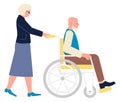 Old woman pushing wheelchair with old man. Caring senior