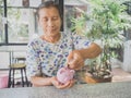 Old woman putting coin into Pink piggy bank. Saving money for future plan and retirement fund concept Royalty Free Stock Photo