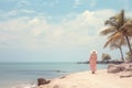 old woman relaxing on the beach, summer vacation, active life in retirement. Pink tone of the image. Generative AI