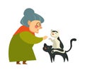 Old woman on retirement knitting sweater and playing with cats vector.