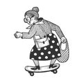 Old woman rides on skateboard sketch vector