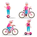 Old Woman Riding Hoverboard, Bicycle Vector. City Outdoor Sport Activity. Gyro Scooter, Bike. Eco Friendly. Healthy