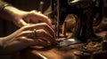 old woman sewing with vintage sewing machine Royalty Free Stock Photo