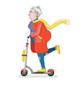 Old woman on the scooter. Grandmother silhouette. Old progressive woman. Flat style modern vector illustration isolated on white b