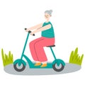 Old woman on seat of electric scooter. Modern grandmother with eco-friendly moped. Rider sitting on chair of trendy