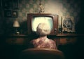 Old woman seen from behind of a tv screen. Retro interior