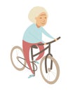 Old woman senior grandmother lady riding a bicycle . Flat style