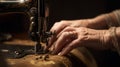 old woman sewing with vintage sewing machine Royalty Free Stock Photo