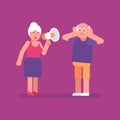 Old woman shouts through megaphone on old man. Flat people