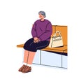 Old woman sits on bench in public place. Tired senior with bag relaxes on seat. Happy granny waits transport on bus stop Royalty Free Stock Photo