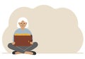 A old woman sits cross-legged and holds a large purse of coins. The concept of a savings wallet, a successful loan Royalty Free Stock Photo